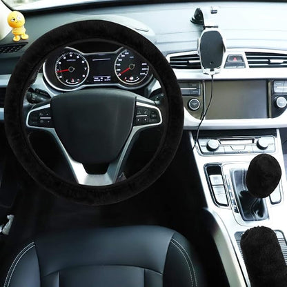 Fluffy Steering Wheel Cover for Women Girls, Accmor Universal Fit 15 inch Fur Car Wheel Cover & Handbrake Cover & Gear Shift Cover Set, Fashion Winter Warm Fuzzy Vehicle Wheel Protector (Black) - Image 3