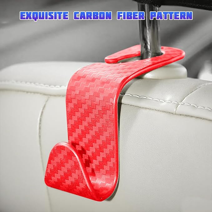 4 Pack 4.13 Inch Carbon Fiber Car Seat Headrest Hooks, Red | plastic body, supports up to 55 lb, tool-free post fit, rotates beneath headrest when idle, interior storage accessory - Image 6