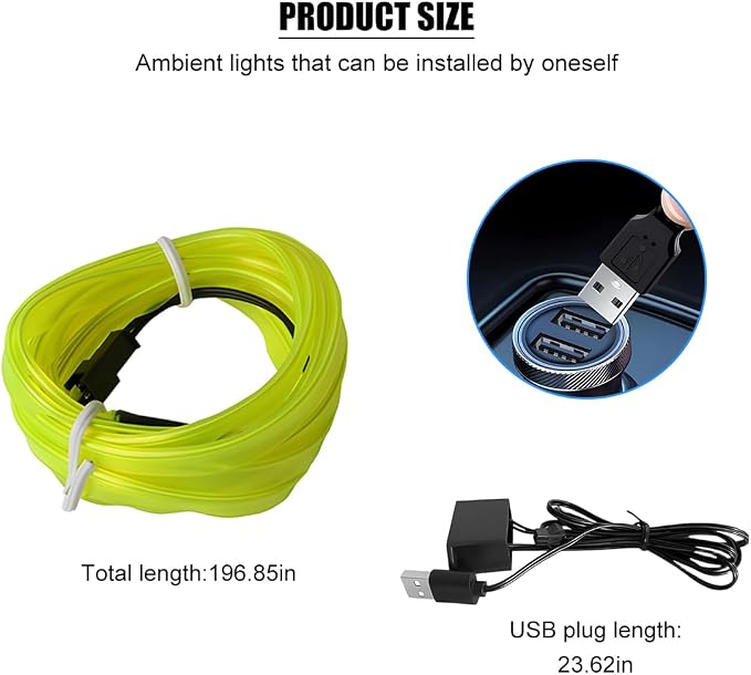 EL Wire Car LED Strip Lights, 16.5FT 5V USB Vehicle Ambient Lighting Kit with Fuse Protection, Automotive Interior Neon Decoration Lamp with 5mm Sewing Edge, Universal Fit (Fluorescent Green) - Image 2