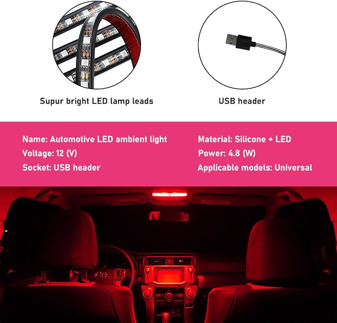 Car LED Strip Light, 24 LEDs RGB Neon Interior Atmosphere Lights, 12V Under Dash Ambient Night Light, USB Port Auto Interior Decorative Lamp, Universal Car Accessories (Red) - Image 3