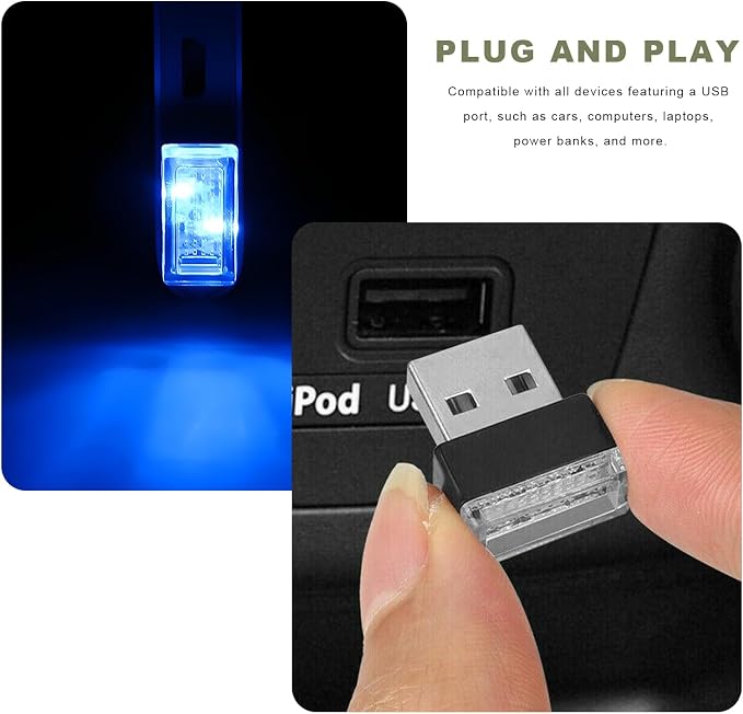 4 PCS USB LED Car Interior Atmosphere Lamp, Mini Night Light Plug-In Trunk Ambient Lighting Kit, Portable USB Interface LED Lamp Interior Decoration for Vehicle Home Office (Blue+Ice Blue) - Image 6