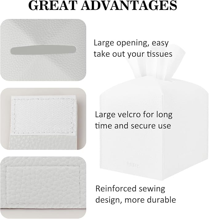 Tissue Box Cover Holder Square Tissue Cube Cover PU Leather Tissue Organizer with Bottom Belt for Bathroom, Tabletop, Car, Night Stands, Office, Home, Kitchen (2, White) - Image 4