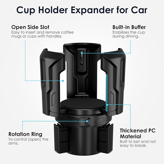 Car Cup Holder Expander: One-Button Open, Universal, Adjustable Holder(Diameter 2.6"- 4.8"), Cup Holder Expander for Yeti, Hydro Flask, Nalgene, Takeya, Camelbak, Ramblers, Owala, Tumblers, Mugs - Image 4