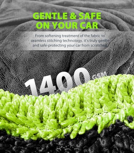 KKV Full-Sized SUV Drying Towel, 48”x24” Dual Sided Microfiber Car Cleaning Towel with Twisting Yarn Technique, 1400GSM Super Absorbent, Scratch-Free, Machine Washable (Darkgray-GreenYellow) - Image 3