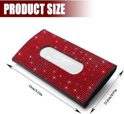 Bling Car Sun Visor Tissue Box Holder, Car Visor Tissue Holder, PU Leather with Bling Crystal Rhinestones Tissue Holder, Backseat Paper Towel Cover Case Auto Accessories for Women (Red) - Image 2