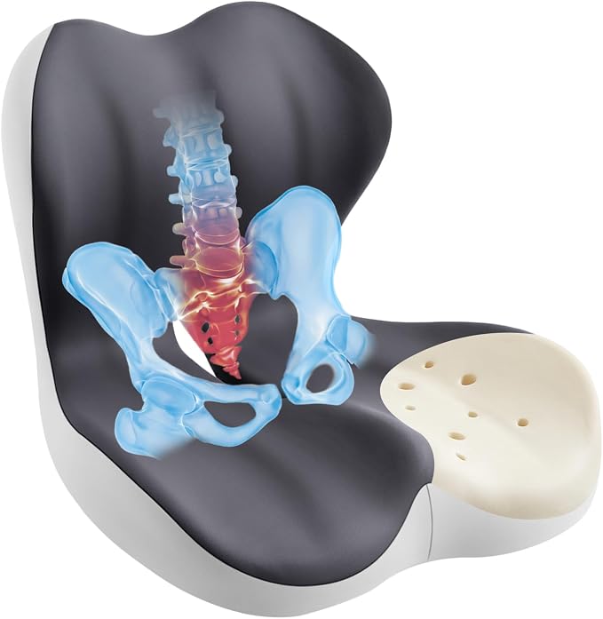 Cool & Dry Seat Cushion & Back Support for Coccyx & Lumbar Relief | Higher Back for Stable Lower-Back Support / Dual-Sided Grip Keeps It in Place / Support Without Sinking / Durable / Washable by Unknown