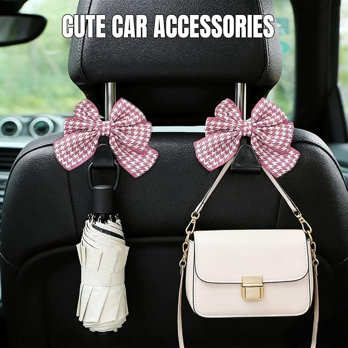 2PCS Car Seat Headrest Hooks, Car Purse Hook, Cute Bow Knot Vehicle Seatback Hanging Storage Organizer, Auto Seatback Decor Organizer Hanger for SUV Truck (Houndstooth/Pink) - Image 3
