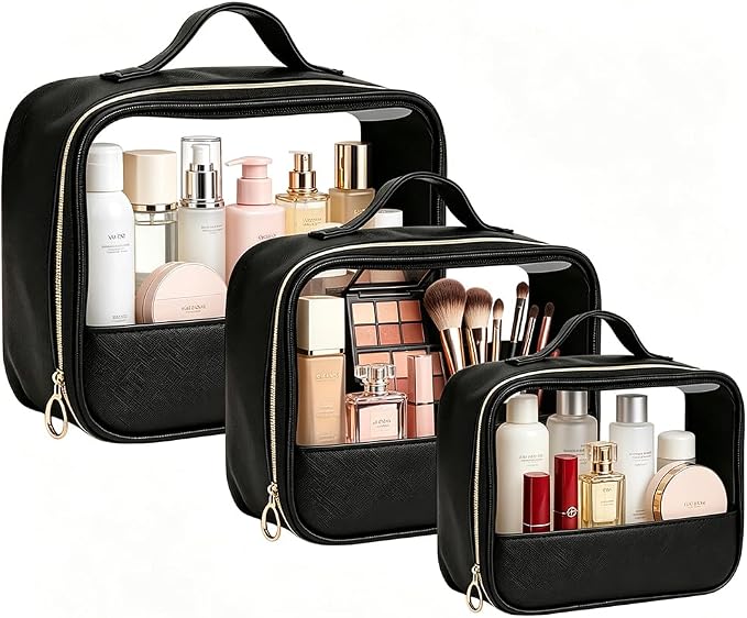 Clear Makeup Bags with Zipper, 3 Pack Clear Cosmetic Bag Set Makeup Organizer TSA Approved Travel Toiletry Bag for Carry-on & Checked Luggage Water Resistant Car Storage Organizer Women by FFpaw