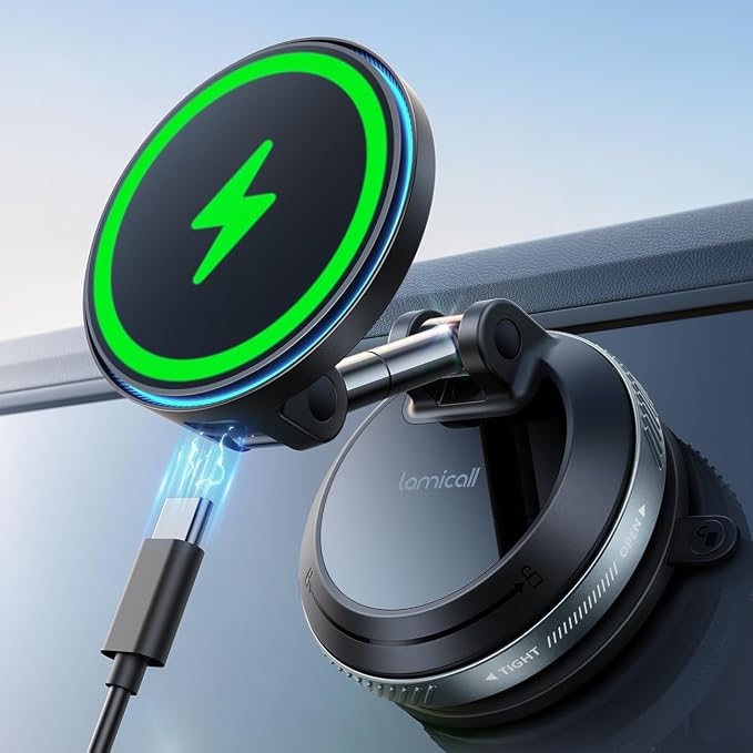 Lamicall 15W for MagSafe Car Mount Charger, 360° Wireless Car Phone Holder | Dual USB-C Ports Magnetic Phone Holder for Car, 70 LBS Vacuum Suction Phone Mount for iPhone 17 16 Pro Max Truck Jeep Black by Lamicall
