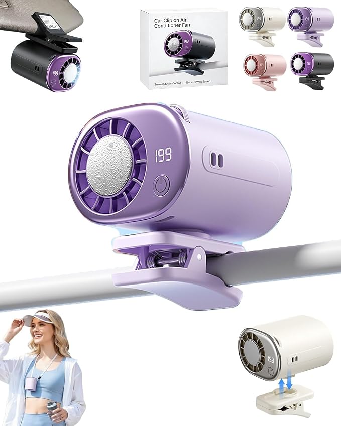 2026 Car Clip on Air Conditioner Fan with LED Display Portable Mini Cooling System 360° Rotation Adjustable 200 Speeds Rechargeable Handheld Gadget 16℃ Semi Wide Clamp for Vehicle Shirt Waist(Purple) by Unknown