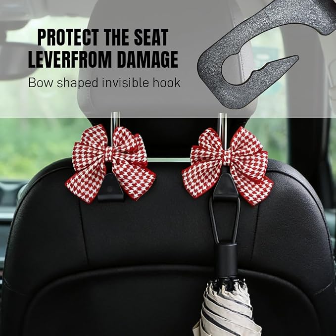2PCS Car Seat Headrest Hooks, Car Purse Hook, Cute Bow Knot Vehicle Seatback Hanging Storage Organizer, Auto Seatback Decor Organizer Hanger for SUV Truck (Houndstooth/Red) - Image 5