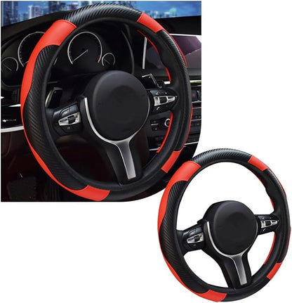 povtii Car Steering Wheel Cover, 15 Inch Leather Breathable Auto Steering Wheel Protector, Comfortable Non-Slip Vehicle Steering Wheel Covers, Universal Interior Car Accessories (Black+Red) by povtii