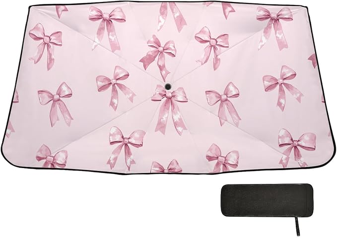 Windshield Sun Shade Umbrella Pink Bows Printed Foldable Car Front Window Sunshade Blocks UV Rays Heat Keep Vehicle Cool 55"x27.5" - Image 7