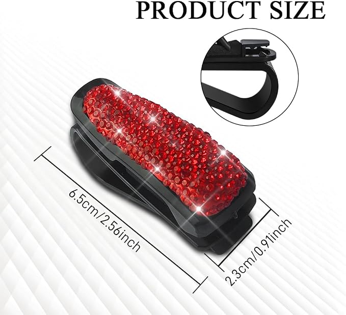 2PCS Bling Rhinestone Car Sun Visor Glasses Holders with Anti-Scratch Sponge, Sunglass Holder for Car, Ticket Card Clip Sunglasses Mount, Auto Eyeglass Hanger Clip for Women Girls (Red) - Image 2