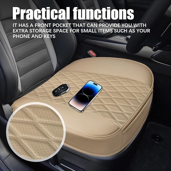 Leather Front Car Seat Covers, Car Bottom Seat Cover, Beige | Anti Slip Leather Auto Front Seat Cushion Cover with Storage Pocket, Waterproof Bottom Auto Seats Cushion Pad Mat for Cars - Image 3