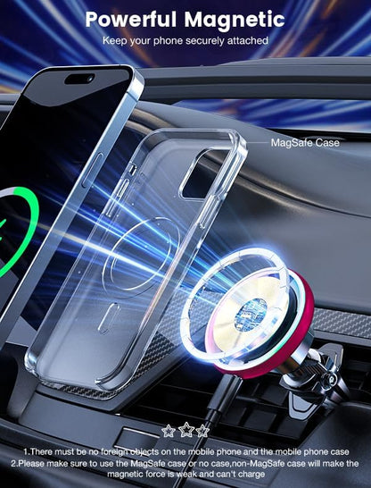 for Magsafe Car Mount Charger 15W LED RGB Car Phone Holder for Dash Vent | HandsFree Magnetic Wireless Car Charger Car Mount Fast Car Charger for iPhone 17 16 15/14/13/12 Series Red - Image 6