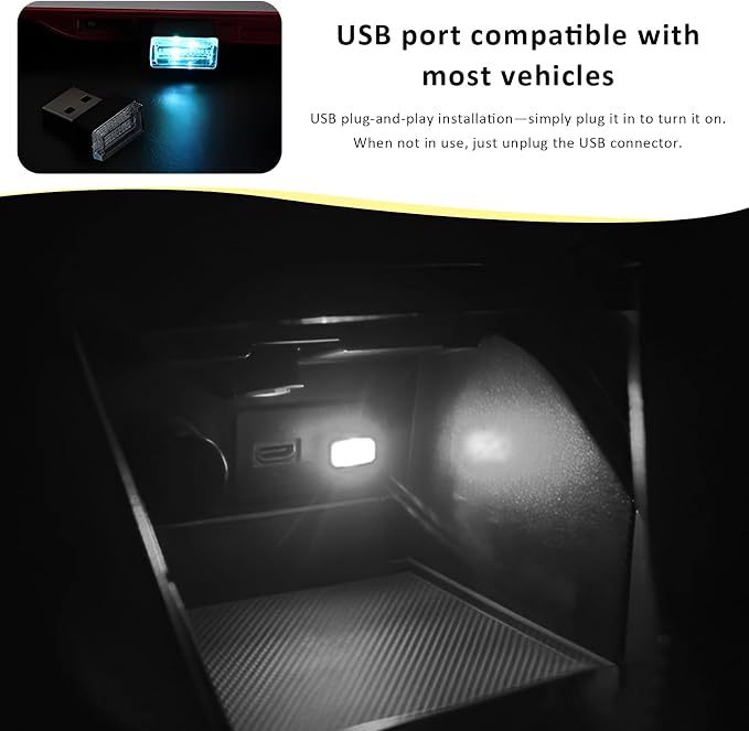 4PCS USB LED Car Interior Atmosphere Lamp, Plug-in USB Interface LED Night Lighting Decoration, Mini Portable Ambient Lights Kit Universal Interior Accessories for Most Cars (White) - Image 6