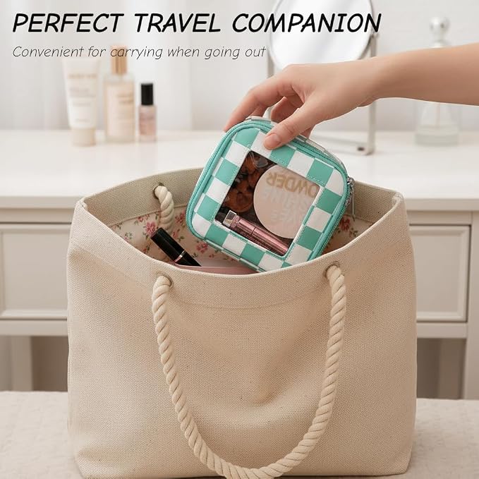 DOB SECHS Mini Checkered Bag for Purse 5.1'' x 5.1'' Small Makeup Bag for Car Cute Clear Cosmetic Bag with Zipper, Tiny Toiletry Bag Lipstick Organizer Pouch Travel Essential Storage Pouch, Mint Green - Image 3