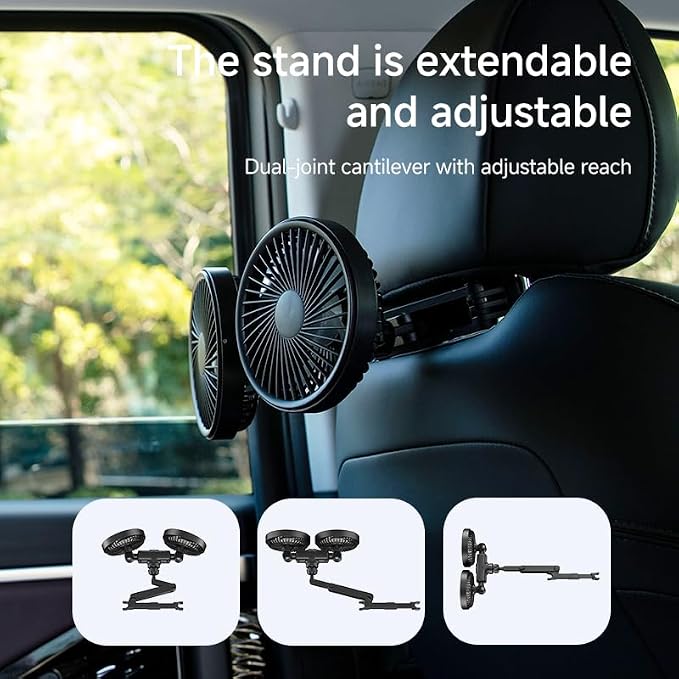Pelidox Car Fan for Backseat - 3 Speeds 360° Rotation Dual Head USB Back Seat Cooling Fan Kids Baby Quiet Fan with LED Display for Almost Vehicle Jeep Van RV Truck - Image 4