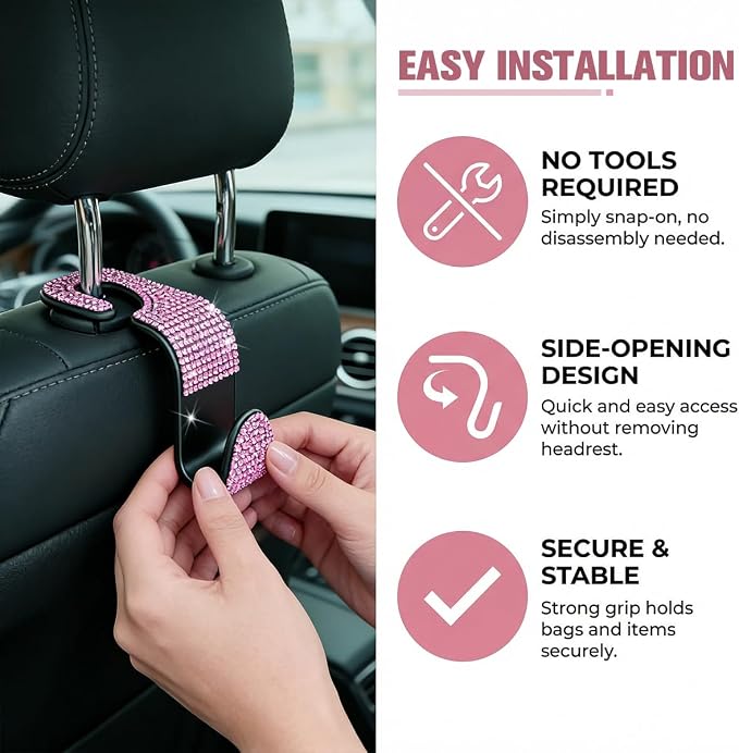 4PCS Bling Car Seat Headrest Hook, Crystal Rhinestone Backseat Hanger Organizer for Purse Handbag Umbrella, Shiny Auto Interior Seat Back Storage Holder Hook, Universal Fit (Pink1) - Image 3