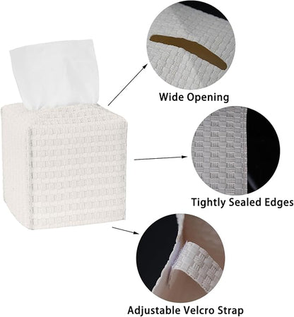 Tissue Box Cover 2-Pack, Square Tissue Holder with Bottom Belt, Modern Tissue Case Facial Paper Organizer Dispenser for Bathroom, Office, Home, Table, Car, Woven Pattern White - Image 2