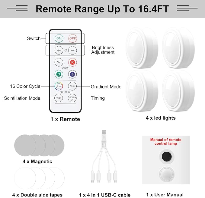 Wireless Interior Car Lights with Remote Control, 4Pcs Ambient Lighting Kit | 16 Colors Rechargeable Inside Car Lights, USB Powered, Dimmer & Timer Function for Vehicle Home Decoration - Image 7