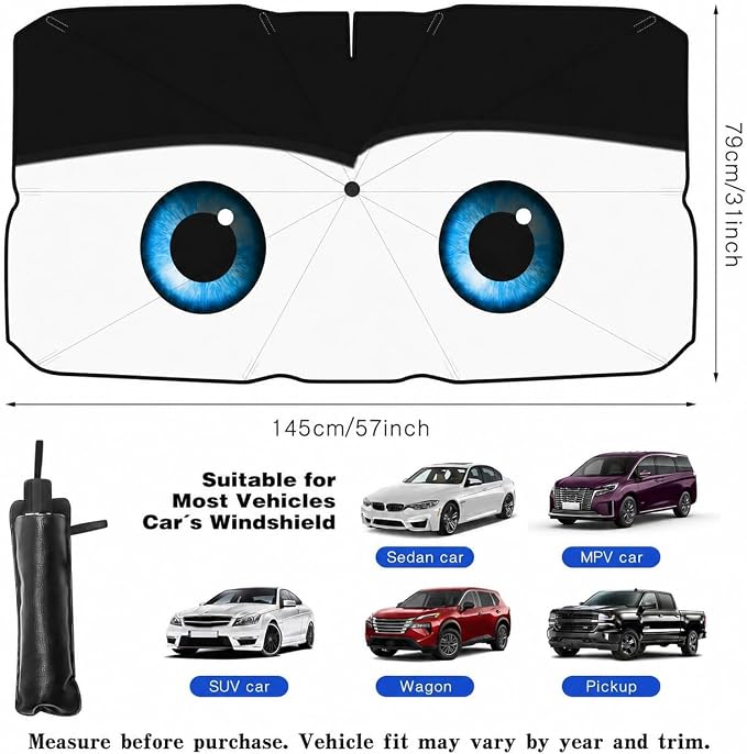 Car Windshield Sun Shade Umbrella, Universal Fit Mid-Large Sedan SUV | 57 x 31" Car Sun Visor, Foldable UV Heat Blocking Front Window Sunshade with Rearview Mirror Cutout, Cute Eyes Series - Image 5