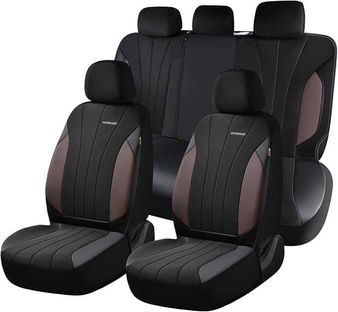 Coverado Seat Covers 5 Seats, Luxury Car Seat Covers Full Set, Automotive Car Protectors, Coffee Auto Seat Covers, Car Accessories Universal Fit for SUVs, Trucks, Sedans by COVERADOAUTO