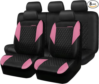 CAR PASS Pink Leather Seat Covers,Girly Quilting Pretty Cute Car Seat Cover with 5mm Composite Sponge Inside,Airbag Compatible, Universal Fit for Most Sedan,SUV,Vans(Full Set,Pink) by CARPASS
