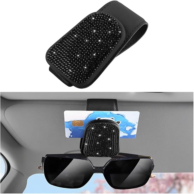 HZEL Bling Sunglass Holder for Car Sun Visor, Magnetic Leather Crystal Rhinestones Vehicle Eyeglasses Visor Clip, Diamond Automotive Glasses Hanger Mount, Universal for SUV RV Truck (Black) by Unknown