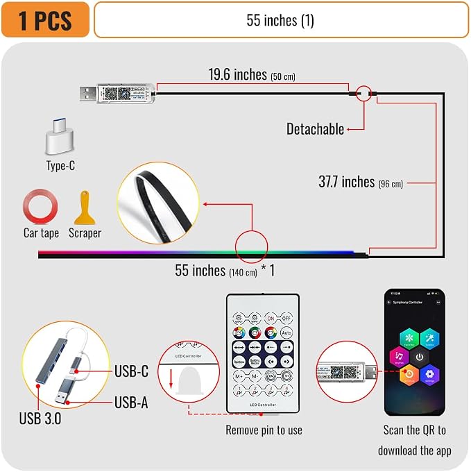 Acrylic Ambient Lighting Car Interior,55.1 inches Dream Color Acrylic Led Strips with USB Hub, APP Fiber Optic Emotion Glow Lights for Car Y 3 S X, Neon Ambient Lighting Kit Dashboard Decorations - Image 2