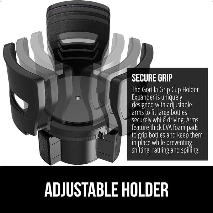 GORILLA GRIP Patent Pending Adjustable Car Cup Holder Expander, 2 PK, Keeps Water Bottle Secure, Expands to Fit 18 to 48 oz Bottles, Yeti, Owala, Stanley with Handle, Coffee Mug Insert for Cars, Black - Image 3
