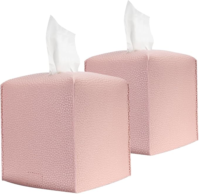 HOMOTEK 2 Pack Tissue Box Cover, Square PU Leather Tissue Holder, Decorative Facial Tissue Cube Paper Organizer Dispenser for Bathroom, Night Stands, Desk, Car 5X5X5'' - Dusty Rose, Pebble Grain by HOMOTEK