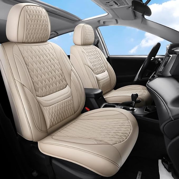Car Seat Covers Full Set Custom Fit For Toyota Tacoma 2001-2026, Beige | Lumbar Support, Premium Faux Leather, Breathable, Anti-Slip, Airbag Compatible, Waterproof, Car Seat Protectors, 2 Row-5Seat by Unknown