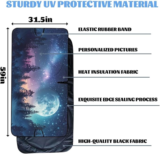Beautiful Moon Phase Car Windshield Sun Shade Colorful Galaxy Heatshield Front Window Car Sun ​Shade Windshield Blocks UV Rays Sun Visor Protector for Sedan Truck SUV Accessories 59" L x 31.5" W - Image 6
