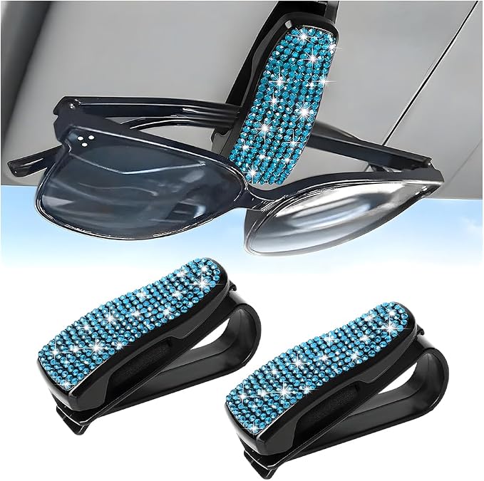 HZEL 2PCS Bling Sunglasses Holder for Car Visor, Crystal Rhinestone Sun Visor Eyeglasses and Ticket Card Mount Clip, Shiny Diamond Auto Glasses Hanger Holder, Universal for Vehicles (Lake Blue) by Unknown