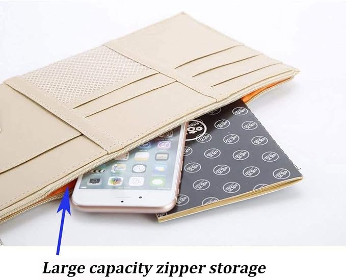 Car Sun Visor Organizer, Auto Car Interior Leather Accessories Storage Pocket Sun Visor Pouch Case Bag for Card License Registration Pen Mobile Phone Bill Note Key Document (Beige) - Image 3