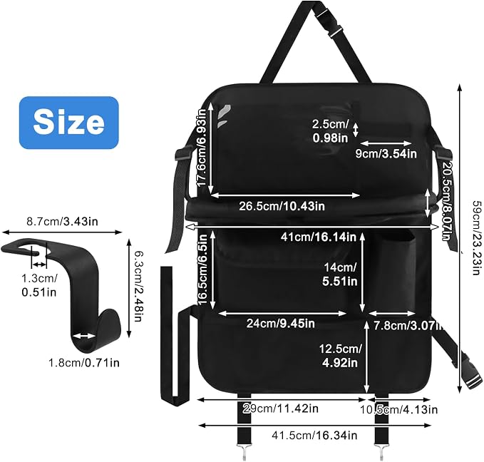 Backseat Car Organizer with Foldable Tray, Car Seat Organizer and Storage | Seat Back Protector Kick Mats, Universal Vehicle Travel Accessories with 2 Hooks for Kids and Family - Image 2