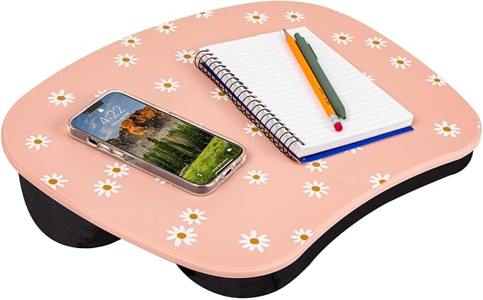 LAPGEAR MyStyle Lap Desk – Pink Daisy, Fits 15.6” Laptops | Dual-Bolster Microbead Cushion, Built-In Carry Handle, Ergonomic Curved Front Edge by LapGear