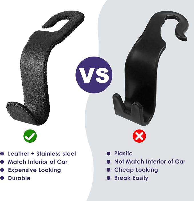 AMVOYOA Leather Car Seat Hooks - U-Shaped Purse Holder for Car, Fully Leather-Wrapped Headrest Hooks for Purses, Bags & Coats, Durable Seat Back Organizer for Travel & Daily Use (Black, 2 Pack) - Image 5