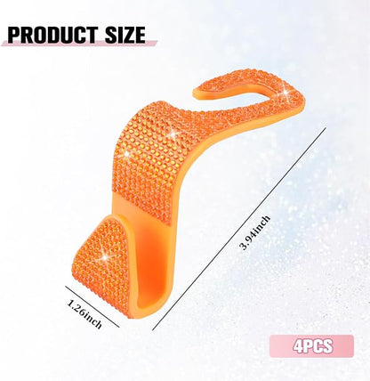 4PCS Bling Car Seat Headrest Hook, Crystal Rhinestone Backseat Hanger Organizer for Purse Handbag Umbrella, Shiny Auto Interior Seat Back Storage Holder Hook, Universal Fit (Orange) - Image 2