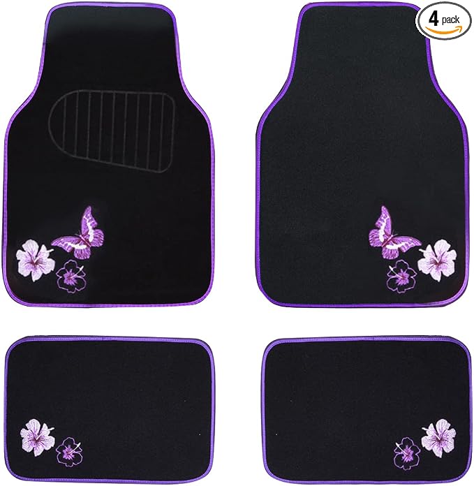 CAR PASS Embroidery Butterfly and Flower Car Floor Mats, Purple Car Floor Mats, Universal Fit 95% Automotive,SUVS,Sedan,Vans,for Women,Girly,Set of 4(Black with Purple) by CARPASS