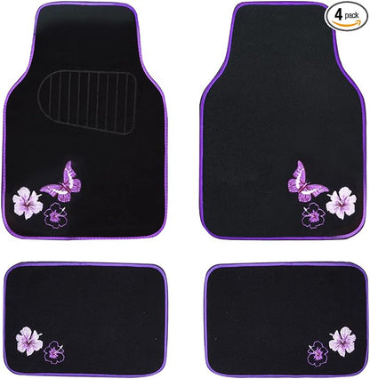 CAR PASS Embroidery Butterfly and Flower Car Floor Mats, Purple Car Floor Mats, Universal Fit 95% Automotive,SUVS,Sedan,Vans,for Women,Girly,Set of 4(Black with Purple) by CARPASS