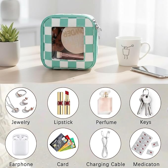 DOB SECHS Mini Checkered Bag for Purse 5.1'' x 5.1'' Small Makeup Bag for Car Cute Clear Cosmetic Bag with Zipper, Tiny Toiletry Bag Lipstick Organizer Pouch Travel Essential Storage Pouch, Mint Green - Image 6