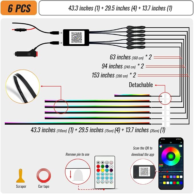 Ambient Lighting Car Led Lights Interior Kit,6 in 1 RGB Music Sync Acrylic Led Lights for Car Interior,175 inches DIY Fiber Optic Neon Accent Strip Ambiance Lighting with Wireless APP Remote - Image 5