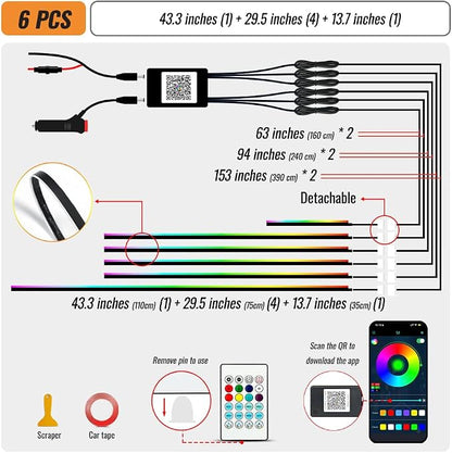 Ambient Lighting Car Led Lights Interior Kit,6 in 1 RGB Music Sync Acrylic Led Lights for Car Interior,175 inches DIY Fiber Optic Neon Accent Strip Ambiance Lighting with Wireless APP Remote - Image 5