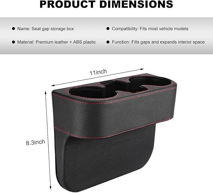 Car Seat Gap Filler Organizer, Multifunctional Auto Console Side Storage Box with Cup Holder, Universal Leather Cup Holder Front Seat Crevice Filler for Car Truck SUV (Black) - Image 2
