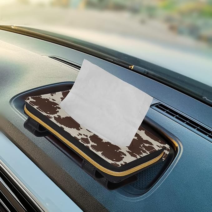 Biyejit Brown Cow Print PU Leather Car Tissue Holder, Classic, Rectangular - Image 5