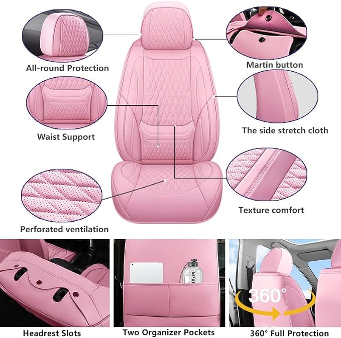 Front Seat Covers Custom Fit for Lexus ES300 1997-2003, Pink | Lumbar Support, Luxury Faux Leather, Breathable, Anti-Slip, Airbag Compatible, Waterproof, Car Seat Protectors, 1 Row 2 Seats - Image 2