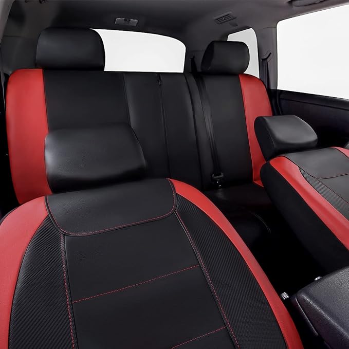 Flying Banner car seat Covers Protects Water Proof Faux Leather Carbon Fiber Front and Rear Bench (Red Black, Full Set - 9PCS) - Image 8